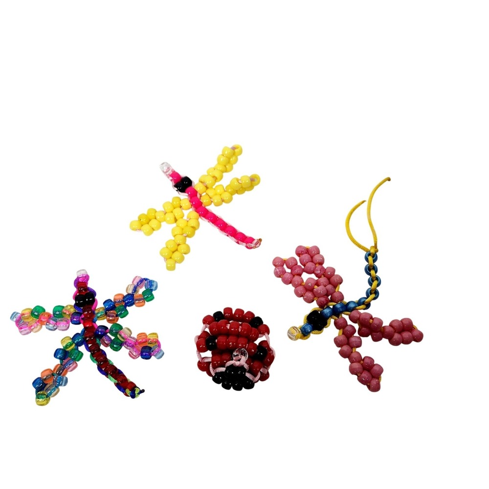 Handmade Beaded Dragonfly & Ladybug Charms Small Colorful Lot Of 4 Ornaments